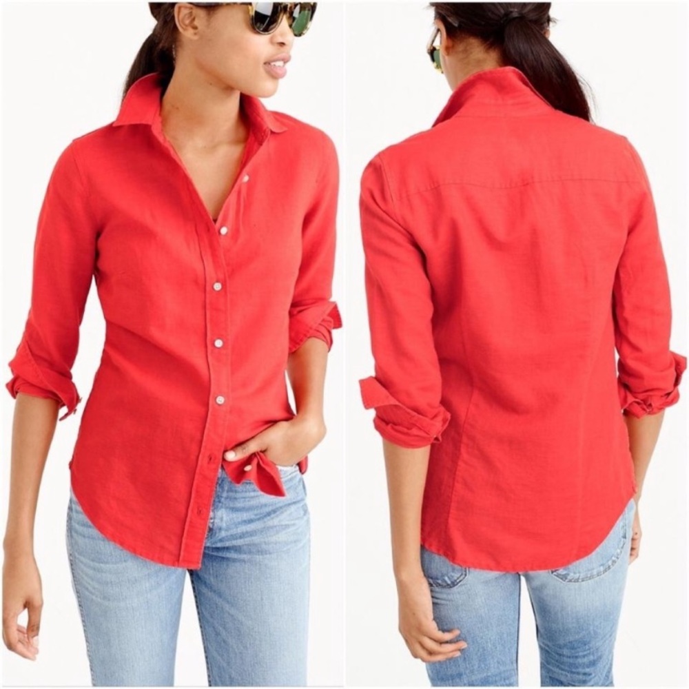 J. Crew Linen Button Up Shirt Orange/Coral Size M